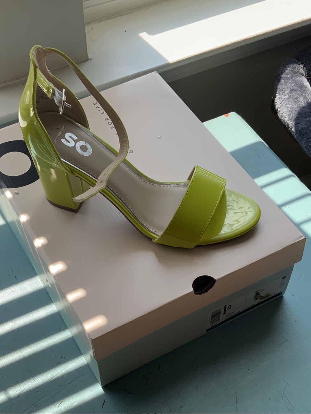 SO Lime Green Patent Block Heel Sandal